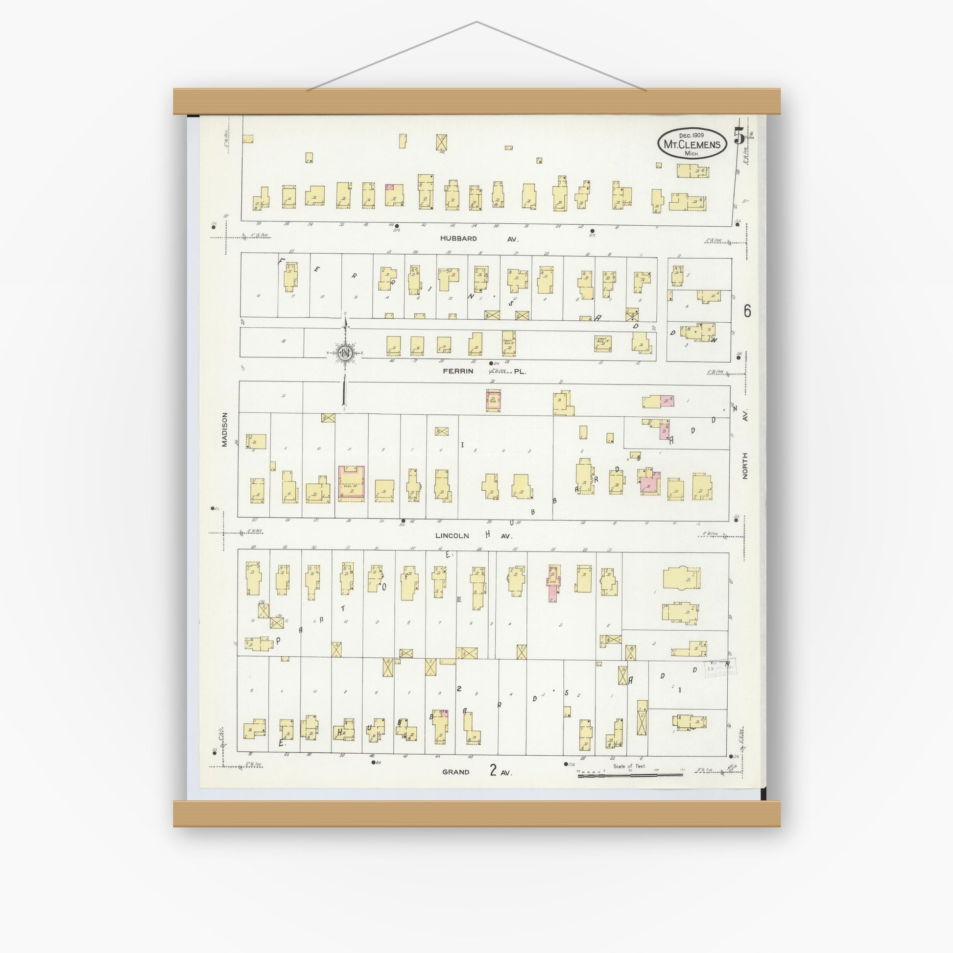 Old map wall art mockup — magnetic wood frame on white wall — Sanborn Fire Insurance Map from Mount Clemens, Macomb County, Michigan (1909), Sheet #0005