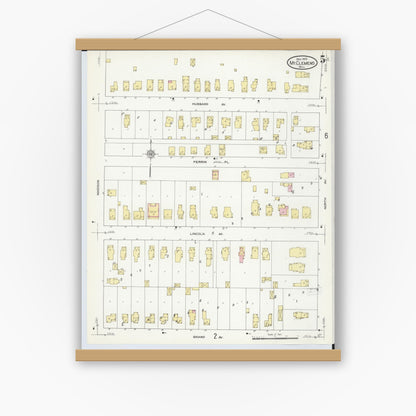 Old map wall art mockup — magnetic wood frame on white wall — Sanborn Fire Insurance Map from Mount Clemens, Macomb County, Michigan (1909), Sheet #0005