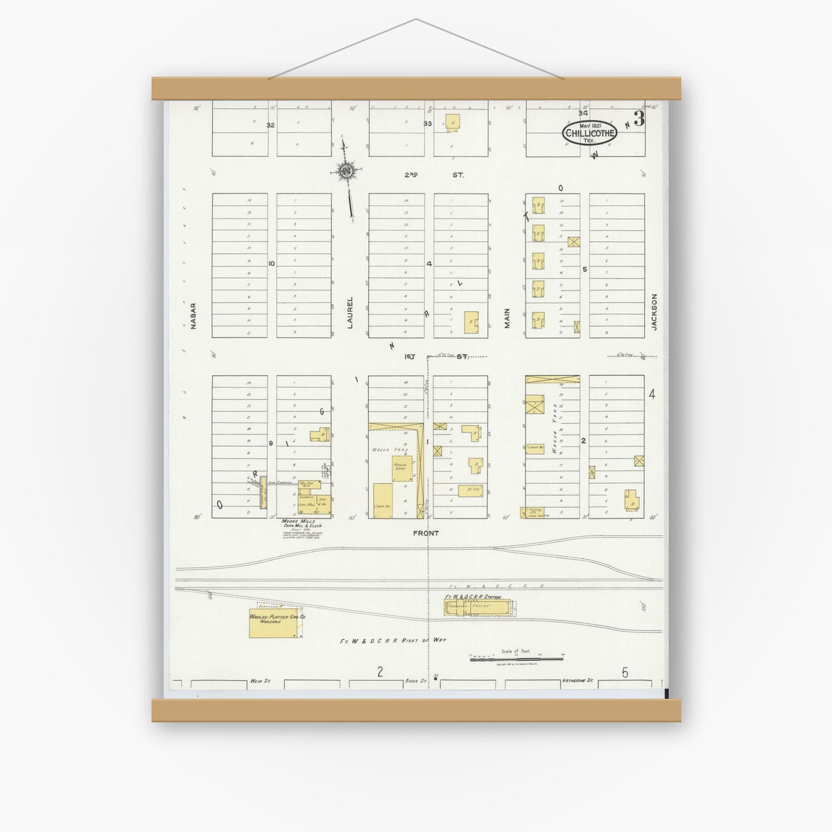 Old map wall art mockup — magnetic wood frame on white wall — Sanborn Fire Insurance Map from Chillicothe, Hardeman County, Texas (1921), Sheet #0003