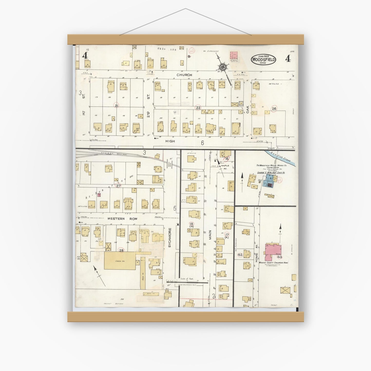 Old map wall art mockup — magnetic wood frame on white wall — Sanborn Fire Insurance Map from Woodsfield, Monroe County, Ohio (1949), Sheet #0004