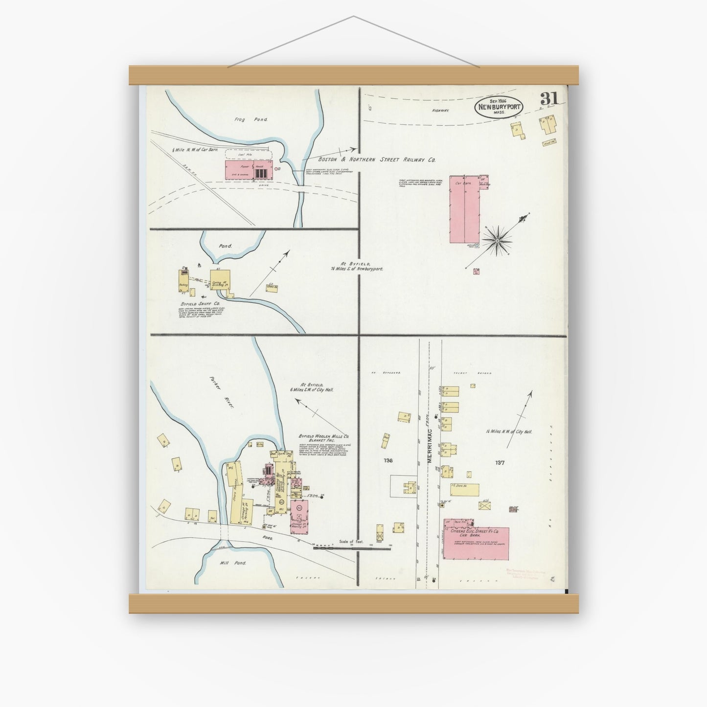 Old map wall art mockup — magnetic wood frame on white wall — Sanborn Fire Insurance Map from Newburyport, Essex County, Massachusetts (1906), Sheet #0031
