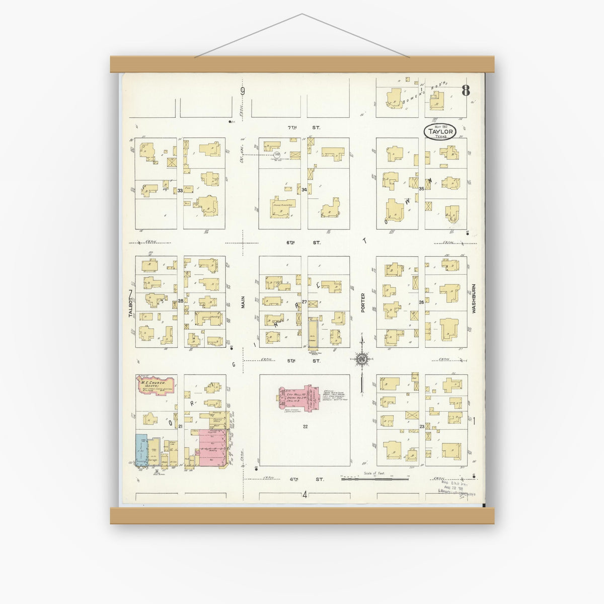 Old map wall art mockup — magnetic wood frame on white wall — Sanborn Fire Insurance Map from Taylor, Williamson County, Texas (1912), Sheet #0008