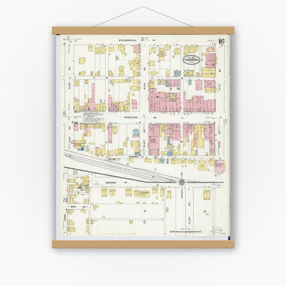 Old map wall art mockup — magnetic wood frame on white wall — Sanborn Fire Insurance Map from Cambridge, Guernsey County, Ohio (1909), Sheet #0016