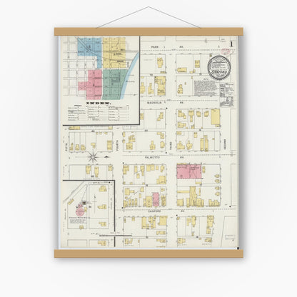 Old map wall art mockup — magnetic wood frame on white wall — Sanborn Fire Insurance Map from Sanford, Seminole County, Florida (1895) - Complete Map Set