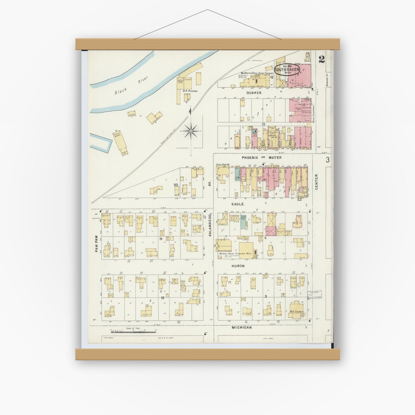 Old map wall art mockup — magnetic wood frame on white wall — Sanborn Fire Insurance Map from South Haven, Van Buren County, Michigan (1896), Sheet #0002
