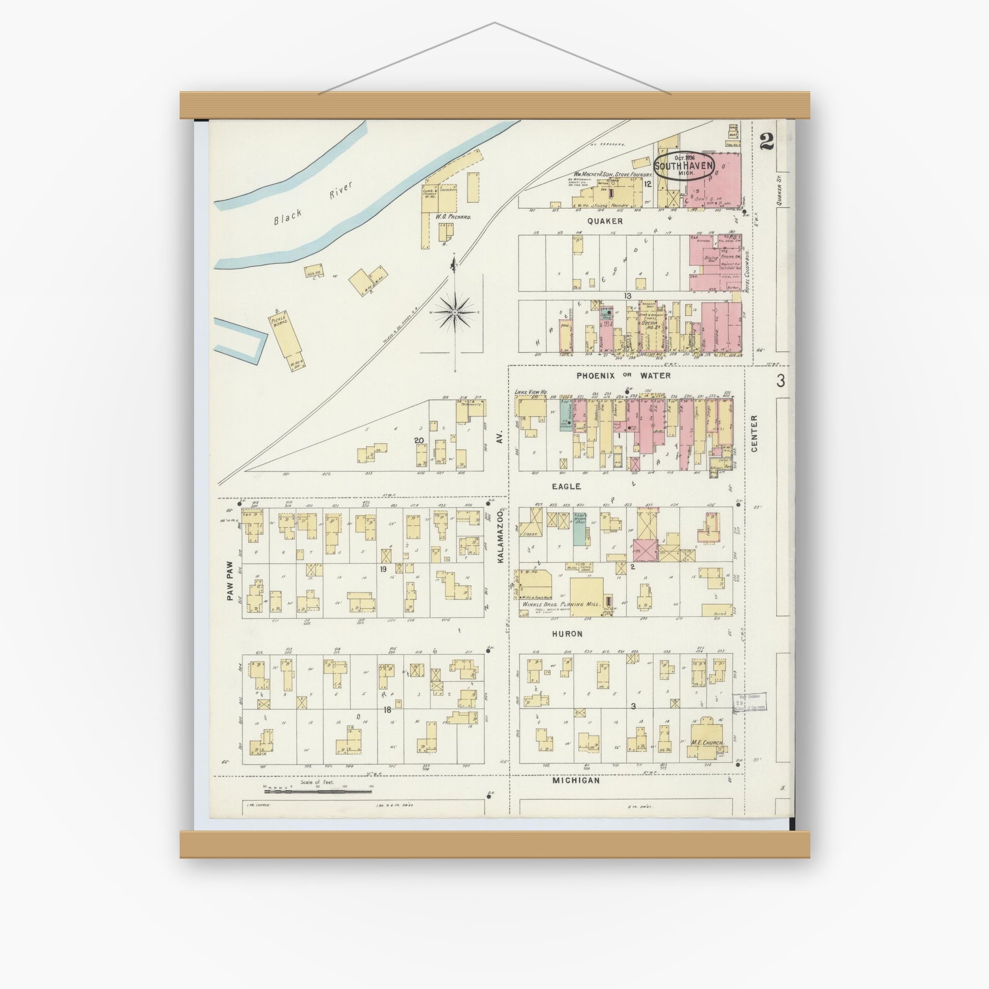 Old map wall art mockup — magnetic wood frame on white wall — Sanborn Fire Insurance Map from South Haven, Van Buren County, Michigan (1896), Sheet #0002