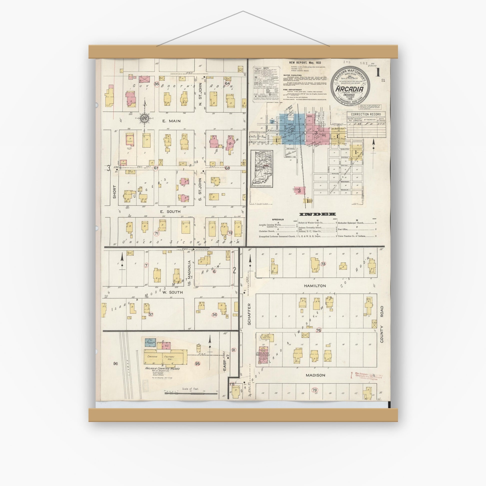 Old map wall art mockup — magnetic wood frame on white wall — Sanborn Fire Insurance Map from Arcadia, Hamilton County, Indiana (1933), Sheet #0001