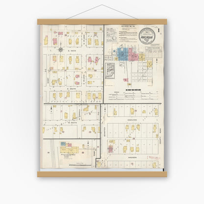 Old map wall art mockup — magnetic wood frame on white wall — Sanborn Fire Insurance Map from Arcadia, Hamilton County, Indiana (1933), Sheet #0001