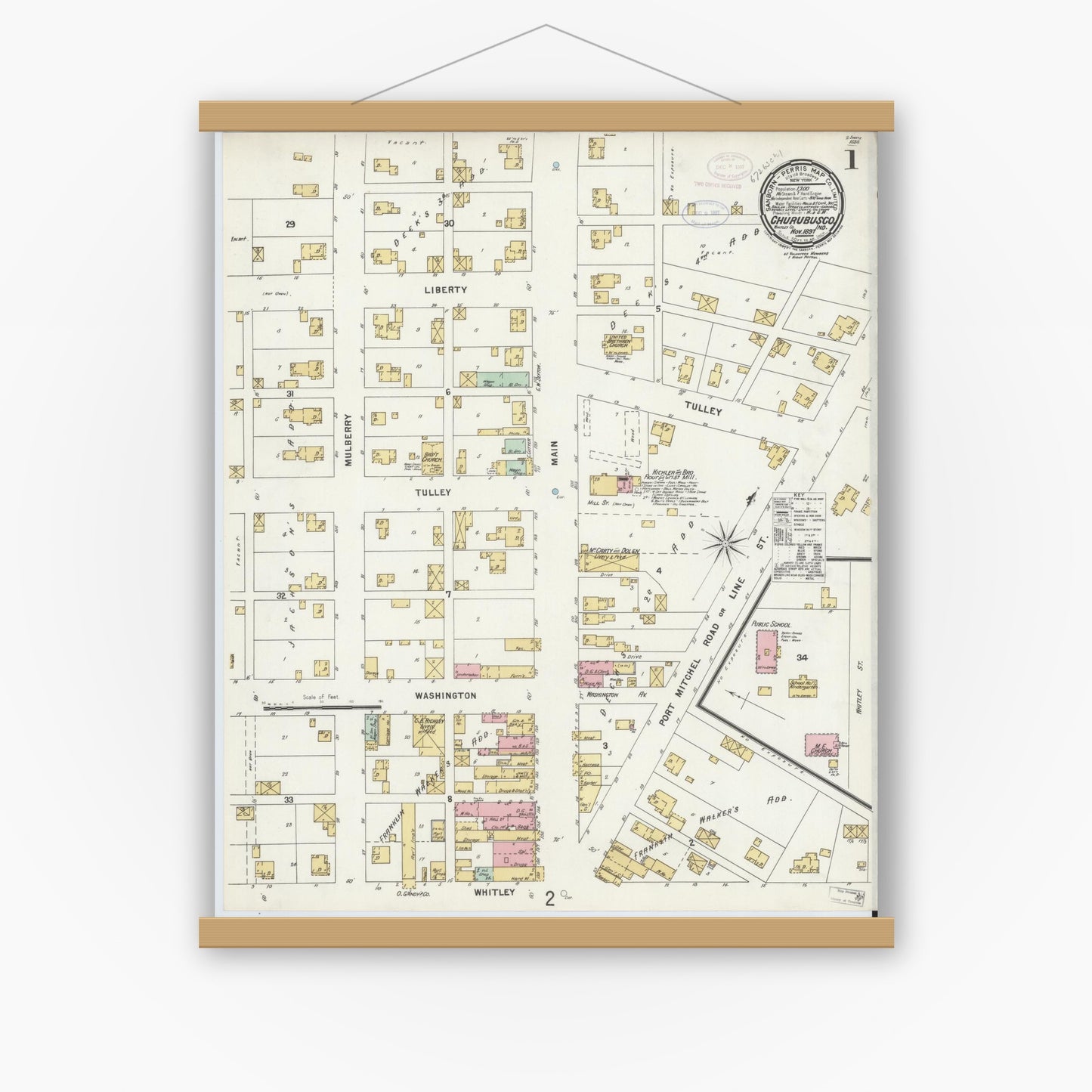 Old map wall art mockup — magnetic wood frame on white wall — Sanborn Fire Insurance Map from Churubusco, Whitley County, Indiana (1897) - Complete Map Set