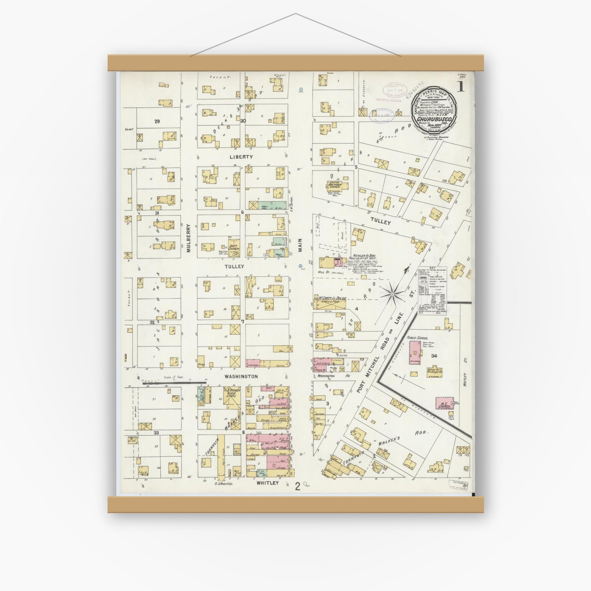 Old map wall art mockup — magnetic wood frame on white wall — Sanborn Fire Insurance Map from Churubusco, Whitley County, Indiana (1897) - Complete Map Set