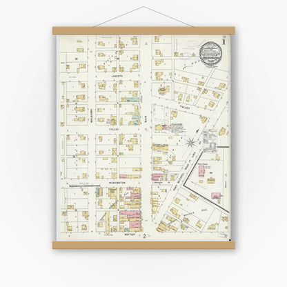 Old map wall art mockup — magnetic wood frame on white wall — Sanborn Fire Insurance Map from Churubusco, Whitley County, Indiana (1897) - Complete Map Set