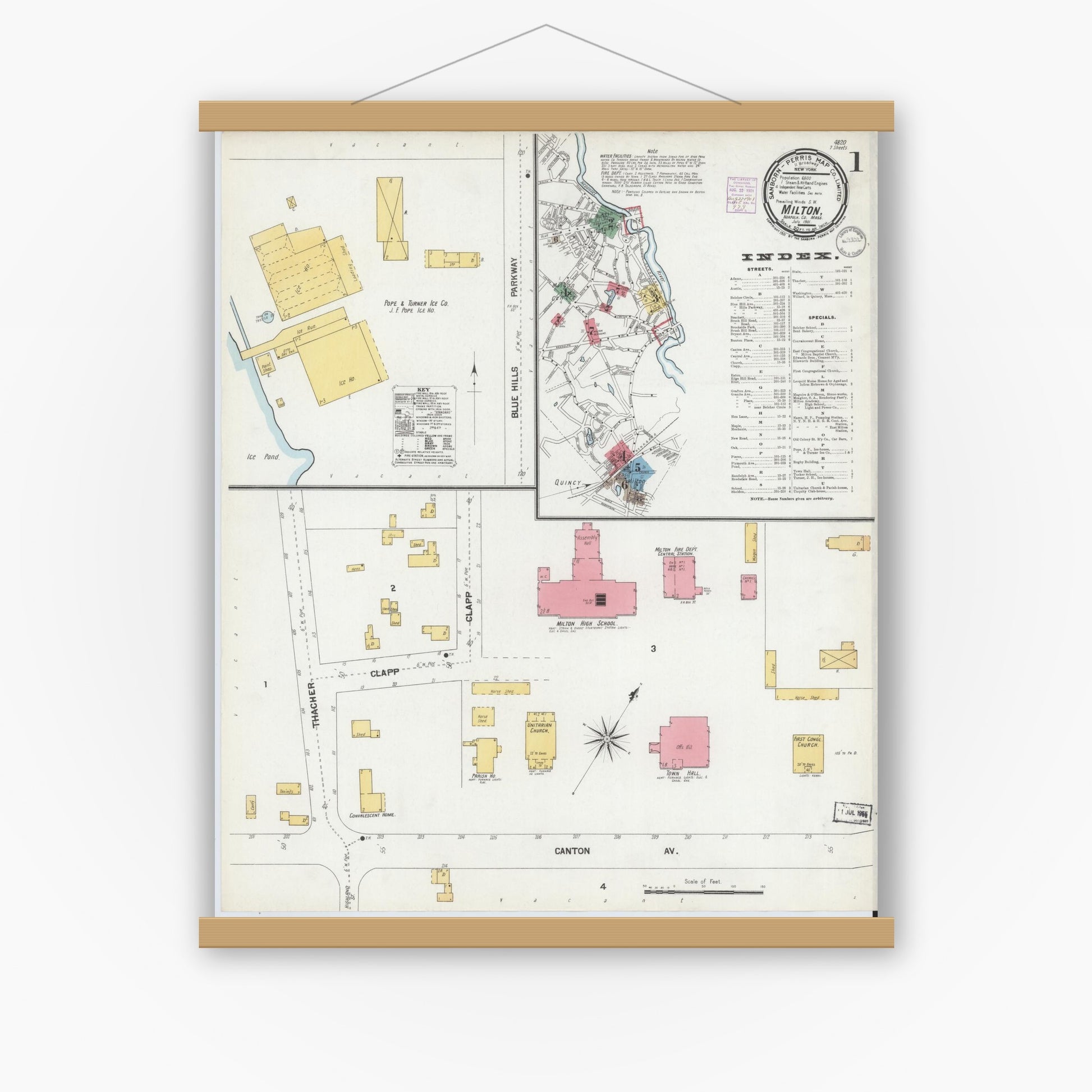 Old map wall art mockup — magnetic wood frame on white wall — Sanborn Fire Insurance Map from Milton, Norfolk County, Massachusetts (1901) - Complete Map Set