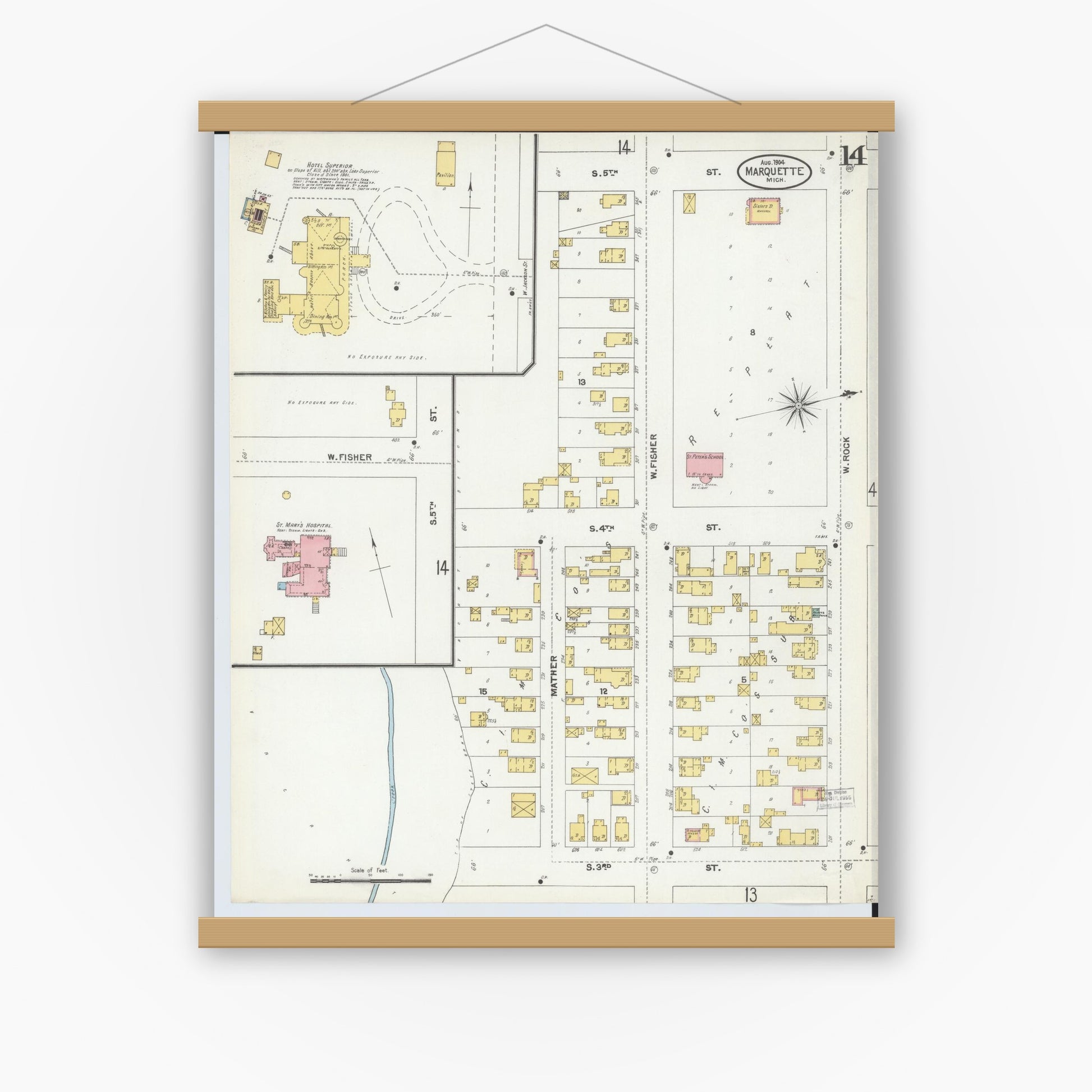 Old map wall art mockup — magnetic wood frame on white wall — Sanborn Fire Insurance Map from Marquette, Marquette County, Michigan (1904), Sheet #0014