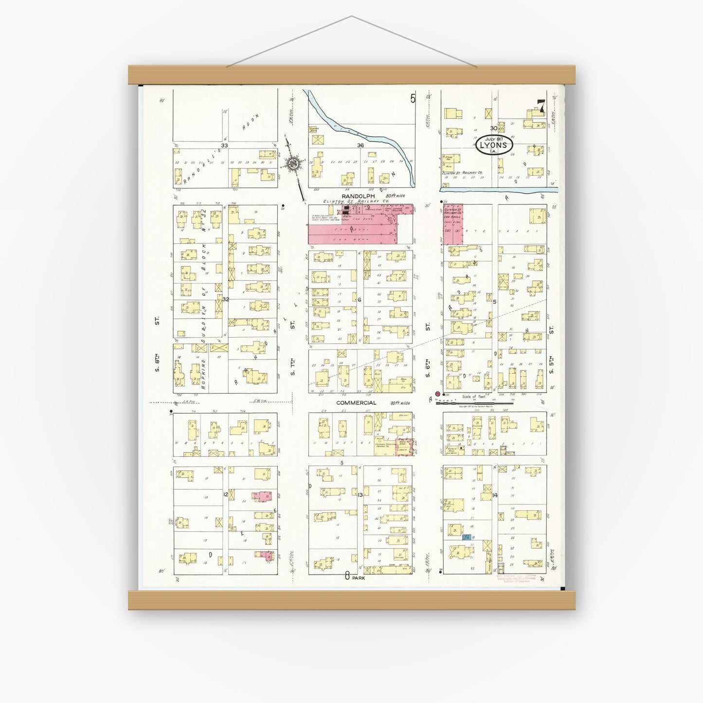 Old map wall art mockup — magnetic wood frame on white wall — Sanborn Fire Insurance Map from Lyons, Clinton County, Iowa (1917), Sheet #0007
