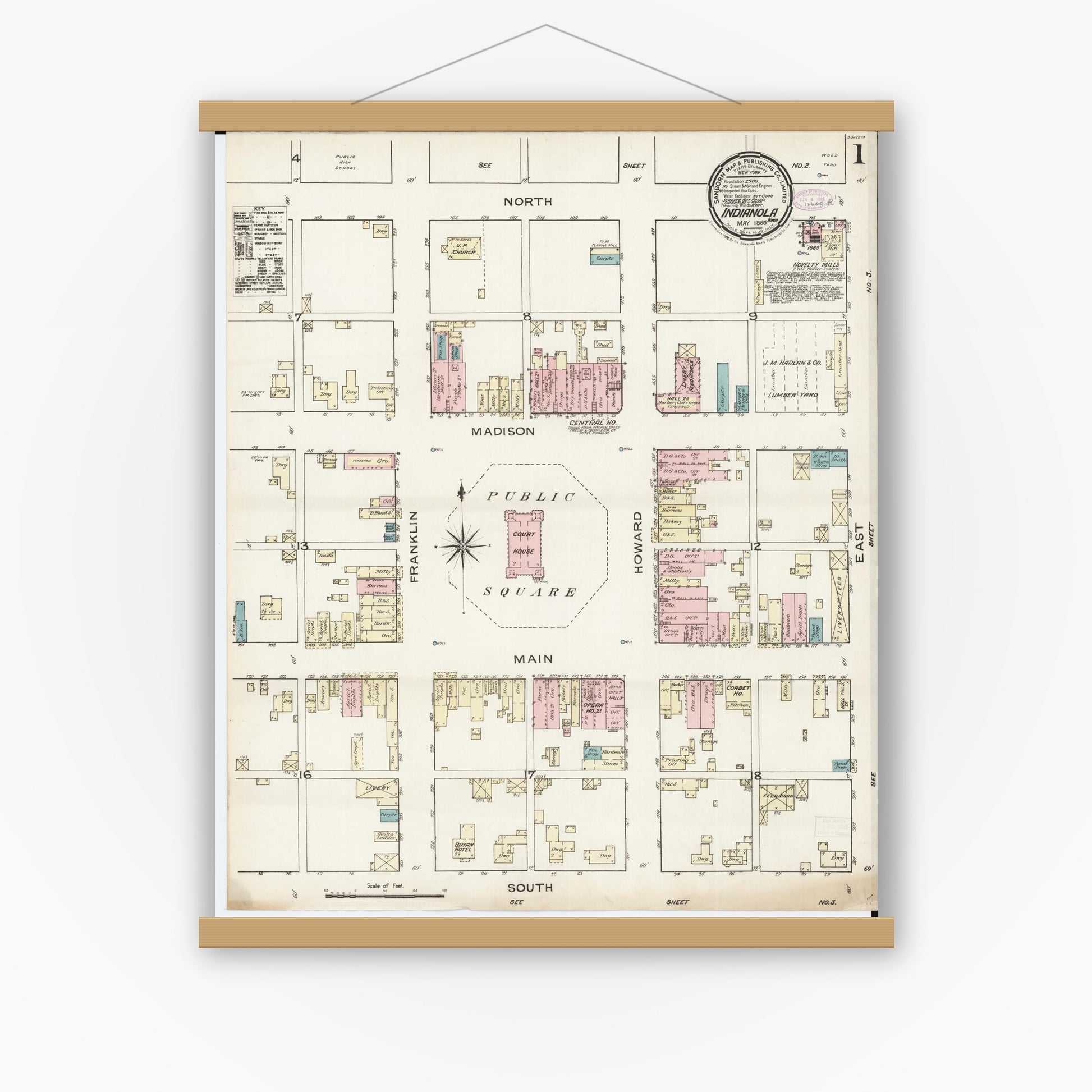 Old map wall art mockup — magnetic wood frame on white wall — Sanborn Fire Insurance Map from Indianola, Warren County, Iowa (1886) â€” Complete Set