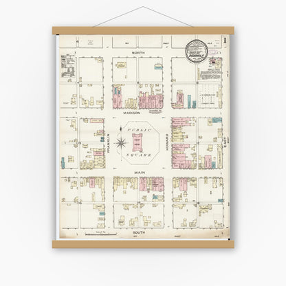 Old map wall art mockup — magnetic wood frame on white wall — Sanborn Fire Insurance Map from Indianola, Warren County, Iowa (1886) â€” Complete Set