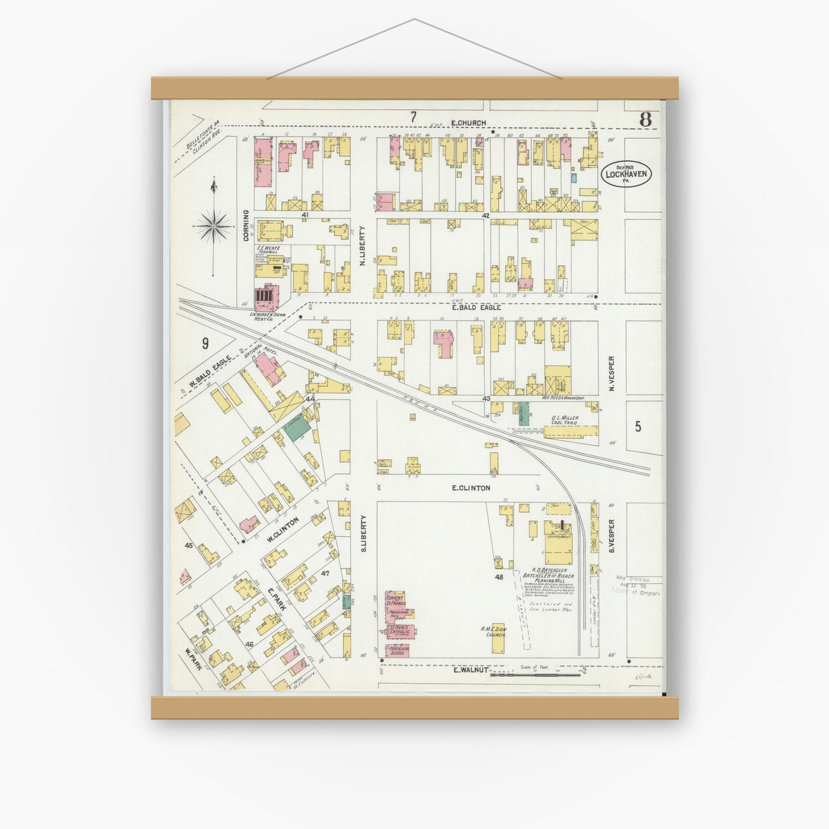 Old map wall art mockup — magnetic wood frame on white wall — Sanborn Fire Insurance Map from Lock Haven, Clinton County, Pennsylvania (1901), Sheet #0008