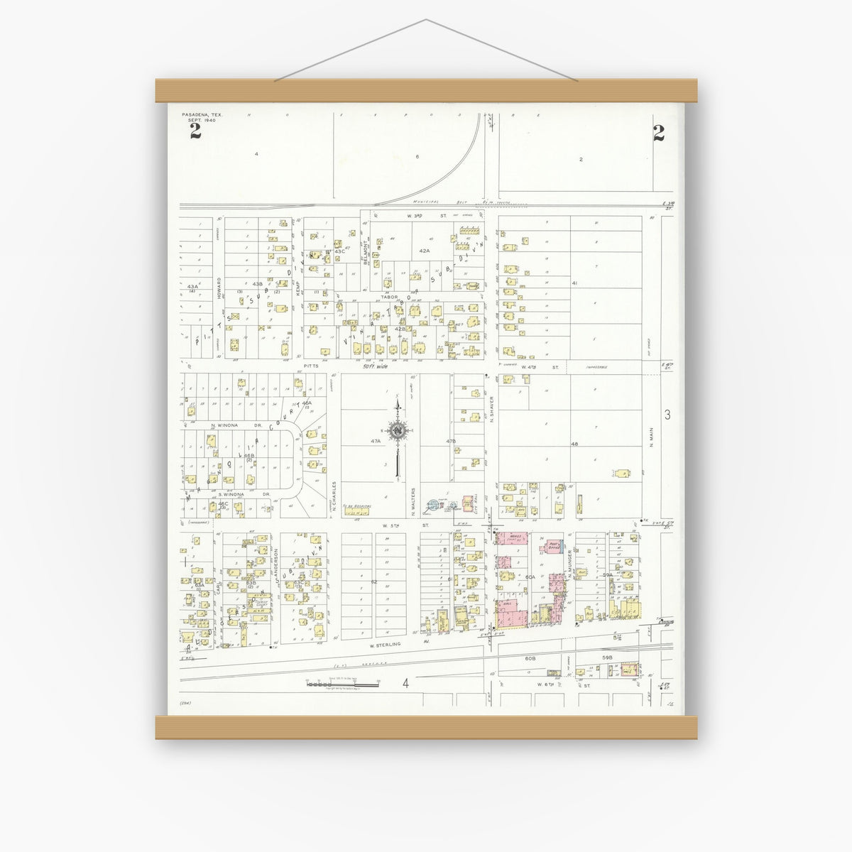 Old map wall art mockup — magnetic wood frame on white wall — Sanborn Fire Insurance Map from Pasadena, Harris County, Texas (1940), Sheet #0002