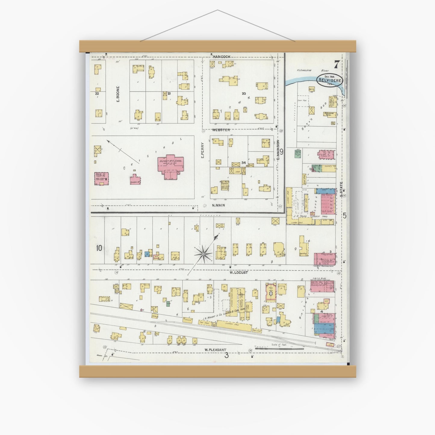 Old map wall art mockup — magnetic wood frame on white wall — Sanborn Fire Insurance Map from Belvidere, Boone County, Illinois (1904), Sheet #0007