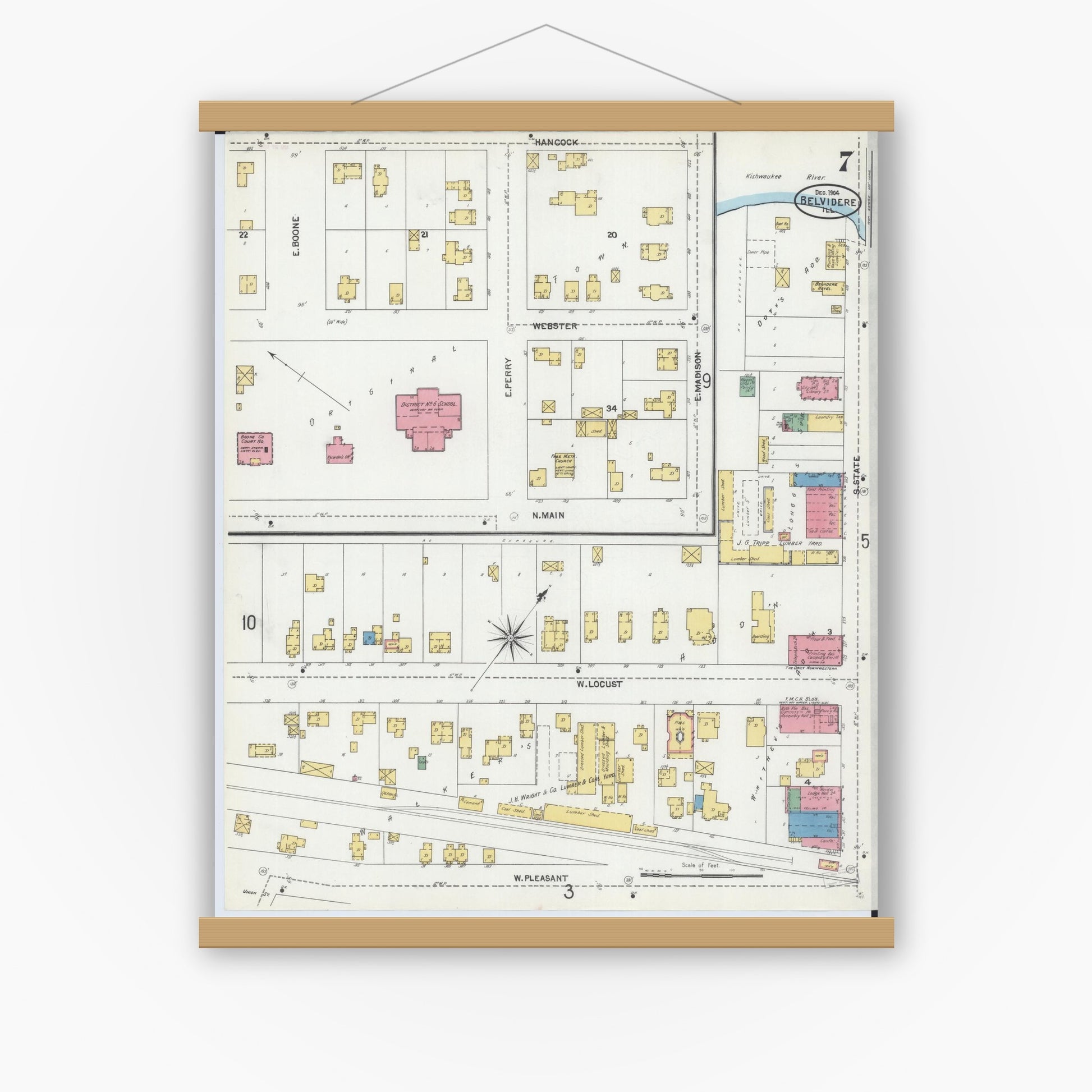 Old map wall art mockup — magnetic wood frame on white wall — Sanborn Fire Insurance Map from Belvidere, Boone County, Illinois (1904), Sheet #0007