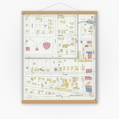 Old map wall art mockup — magnetic wood frame on white wall — Sanborn Fire Insurance Map from Belvidere, Boone County, Illinois (1904), Sheet #0007