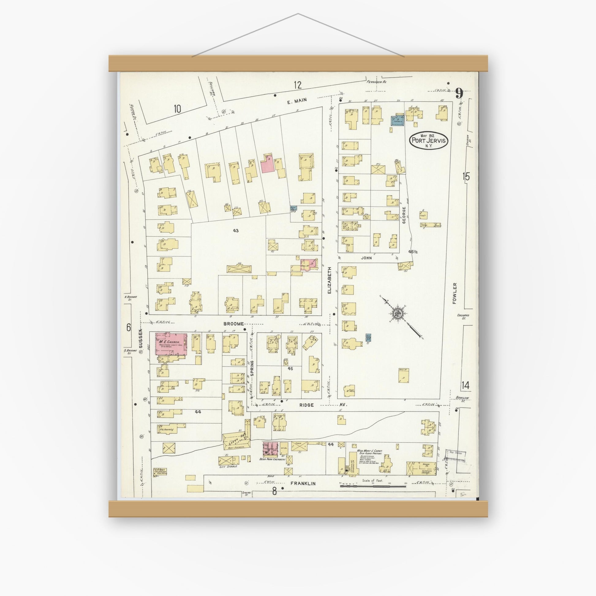 Old map wall art mockup — magnetic wood frame on white wall — Sanborn Fire Insurance Map from Port Jervis, Orange County, New York (1912), Sheet #0009
