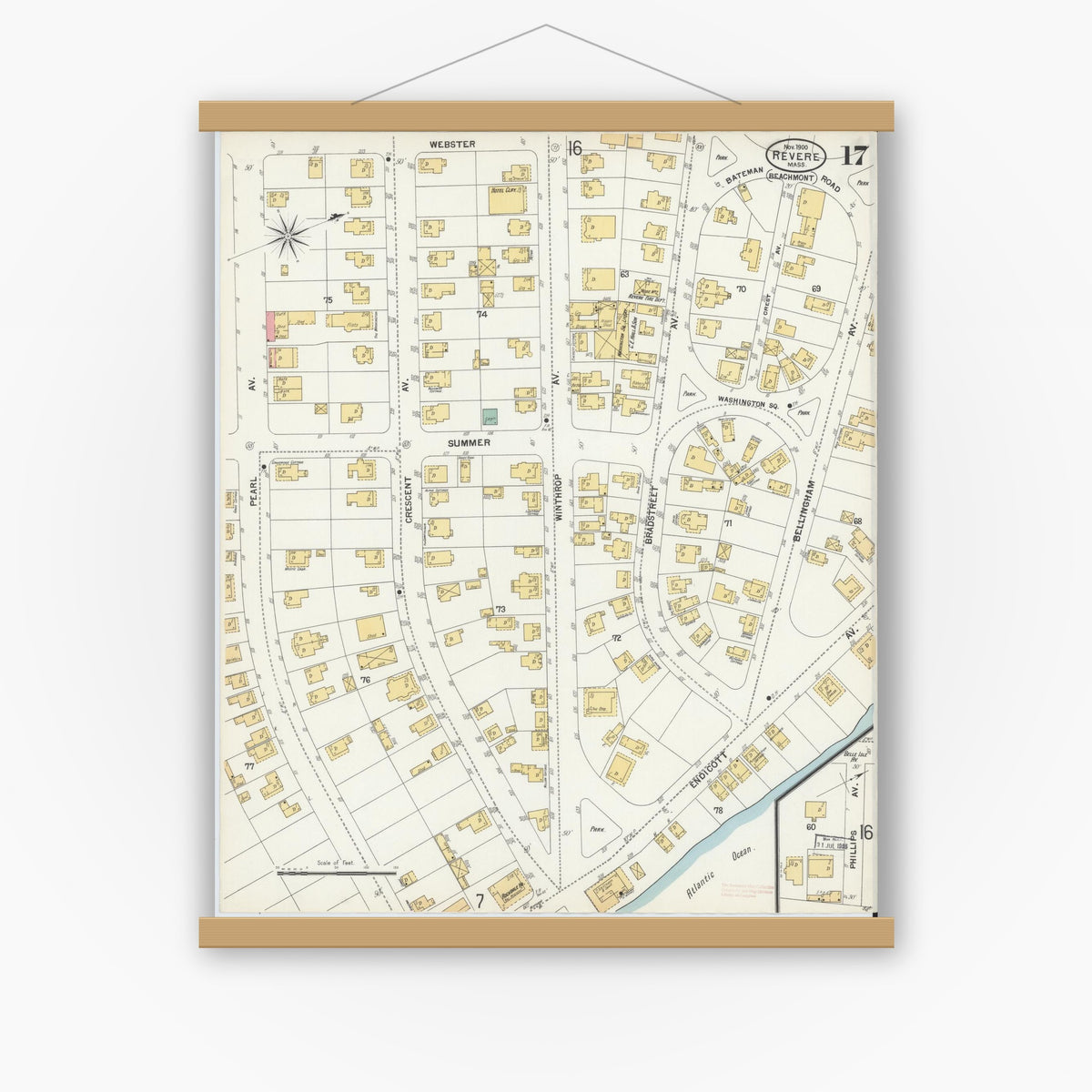 Old map wall art mockup — magnetic wood frame on white wall — Sanborn Fire Insurance Map from Revere, Suffolk County, Massachusetts (1900), Sheet #0017