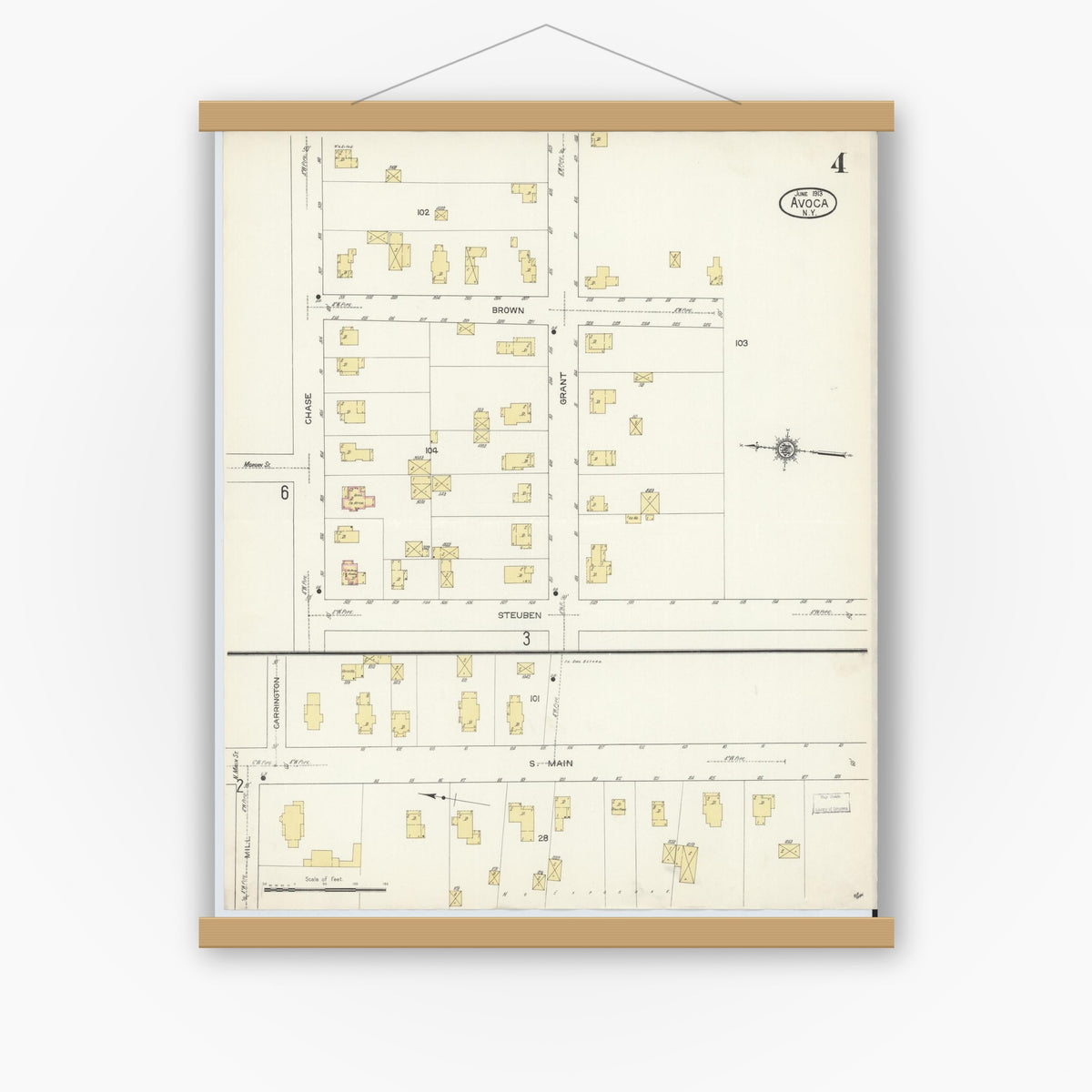 Old map wall art mockup — magnetic wood frame on white wall — Sanborn Fire Insurance Map from Avoca, Steuben County, New York (1913), Sheet #0004