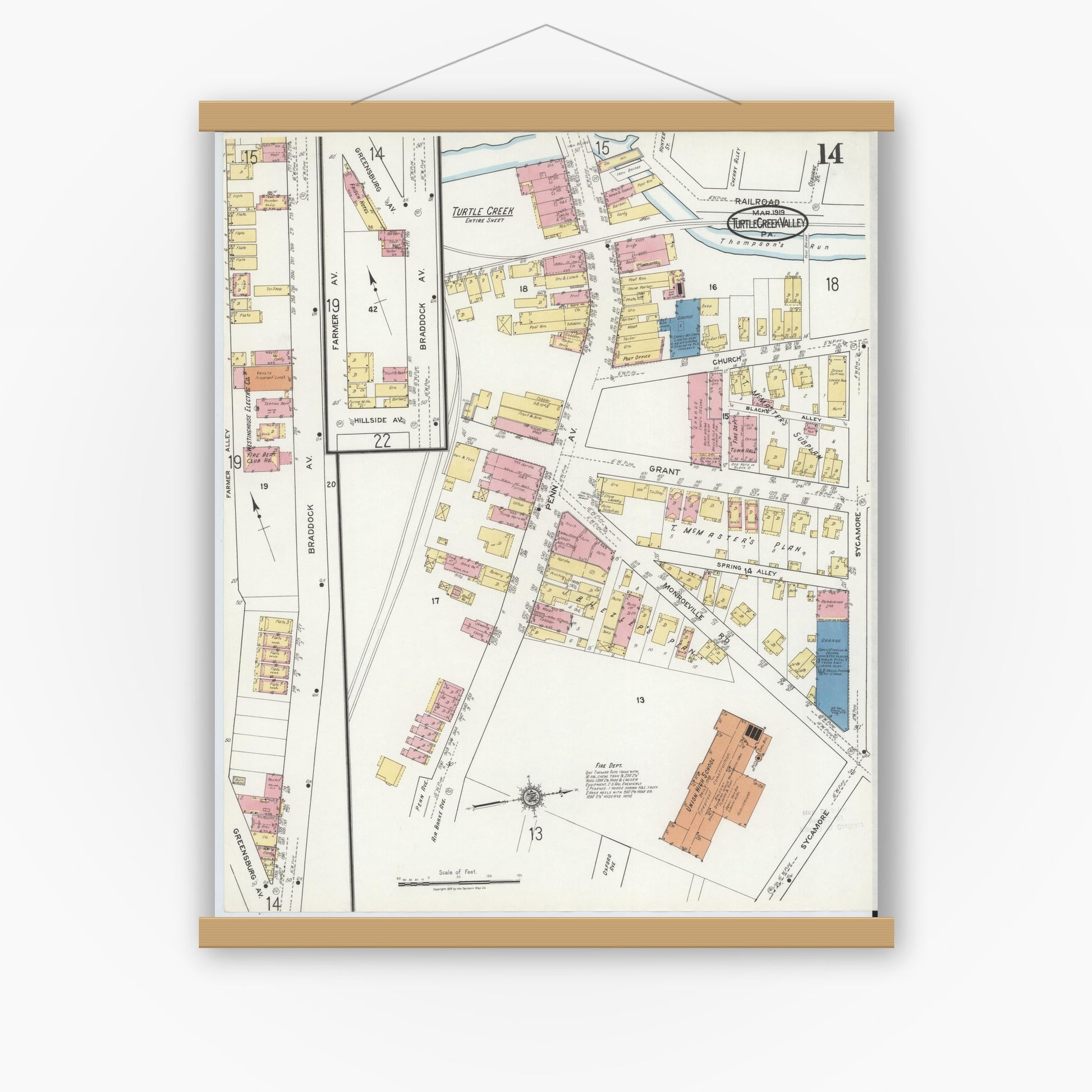Old map wall art mockup — magnetic wood frame on white wall — Sanborn Fire Insurance Map from Turtle Creek Valley, Allegheny County, Pennsylvania (1919), Sheet #0014