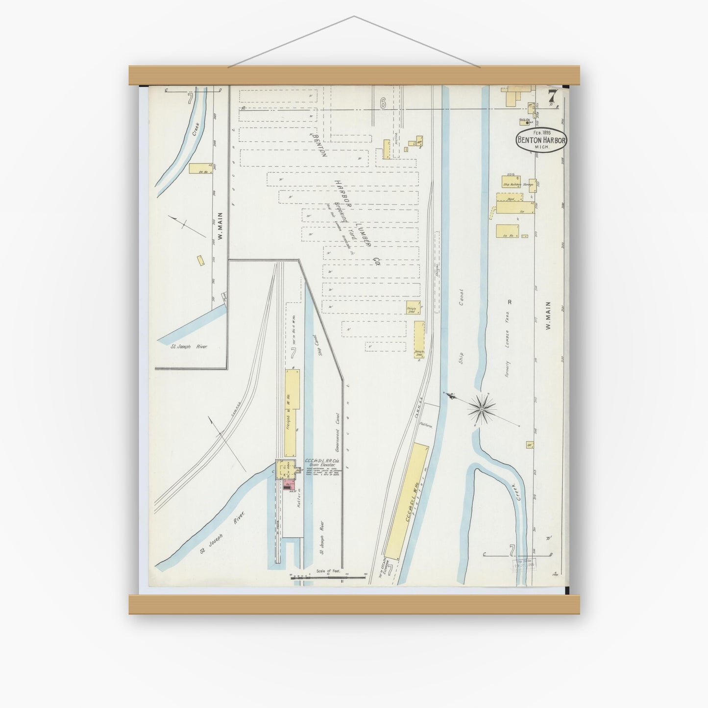 Old map wall art mockup — magnetic wood frame on white wall — Sanborn Fire Insurance Map from Benton Harbor, Berrien County, Michigan (1895), Sheet #0007