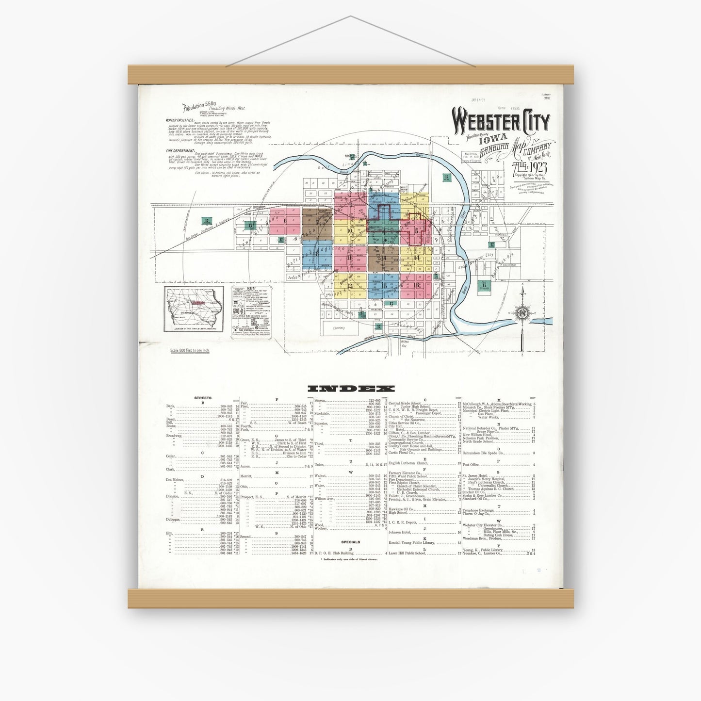 Old map wall art mockup — magnetic wood frame on white wall — Sanborn Fire Insurance Map from Webster City, Hamilton County, Iowa (1923) â€” Complete Set