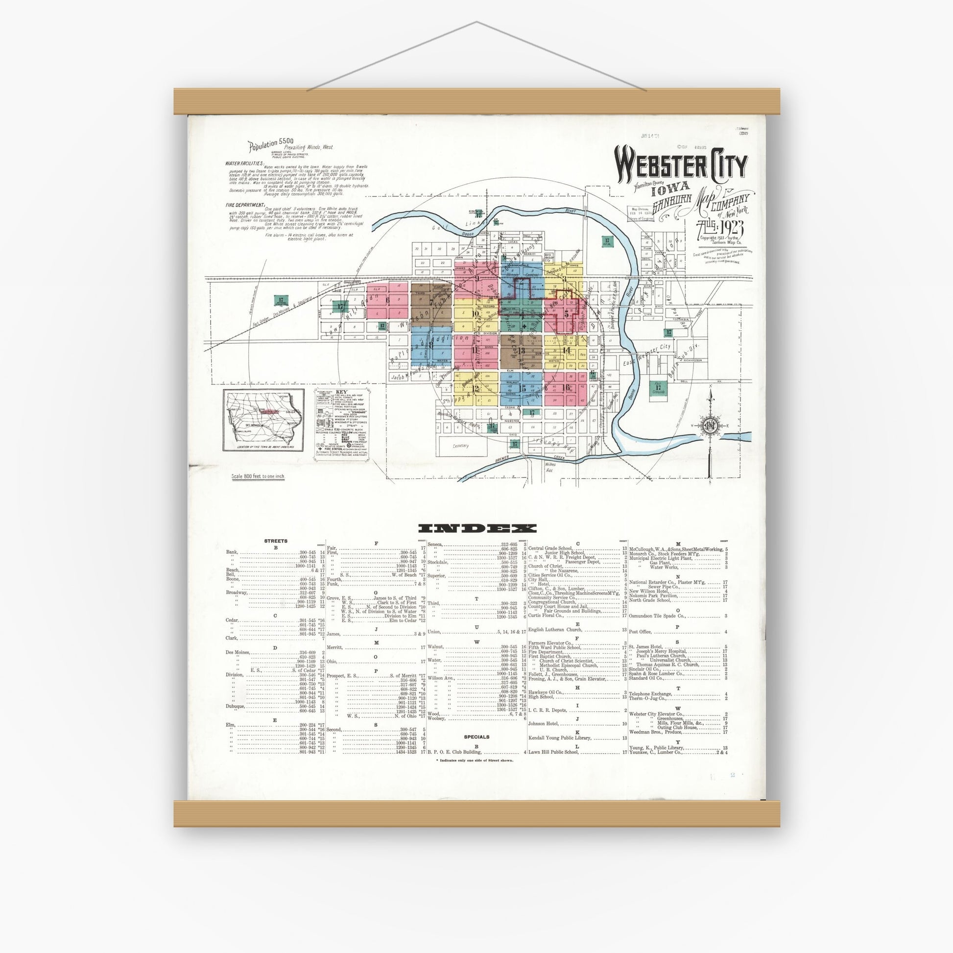 Old map wall art mockup — magnetic wood frame on white wall — Sanborn Fire Insurance Map from Webster City, Hamilton County, Iowa (1923) â€” Complete Set