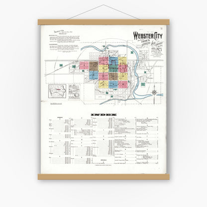 Old map wall art mockup — magnetic wood frame on white wall — Sanborn Fire Insurance Map from Webster City, Hamilton County, Iowa (1923) â€” Complete Set