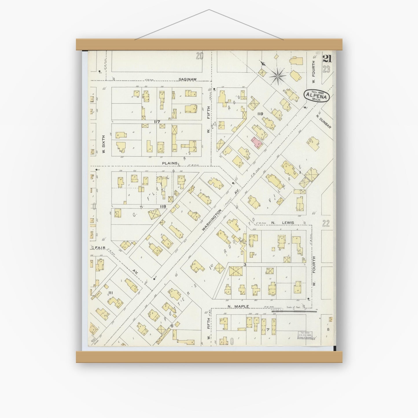 Old map wall art mockup — magnetic wood frame on white wall — Sanborn Fire Insurance Map from Alpena, Alpena County, Michigan (1895), Sheet #0021