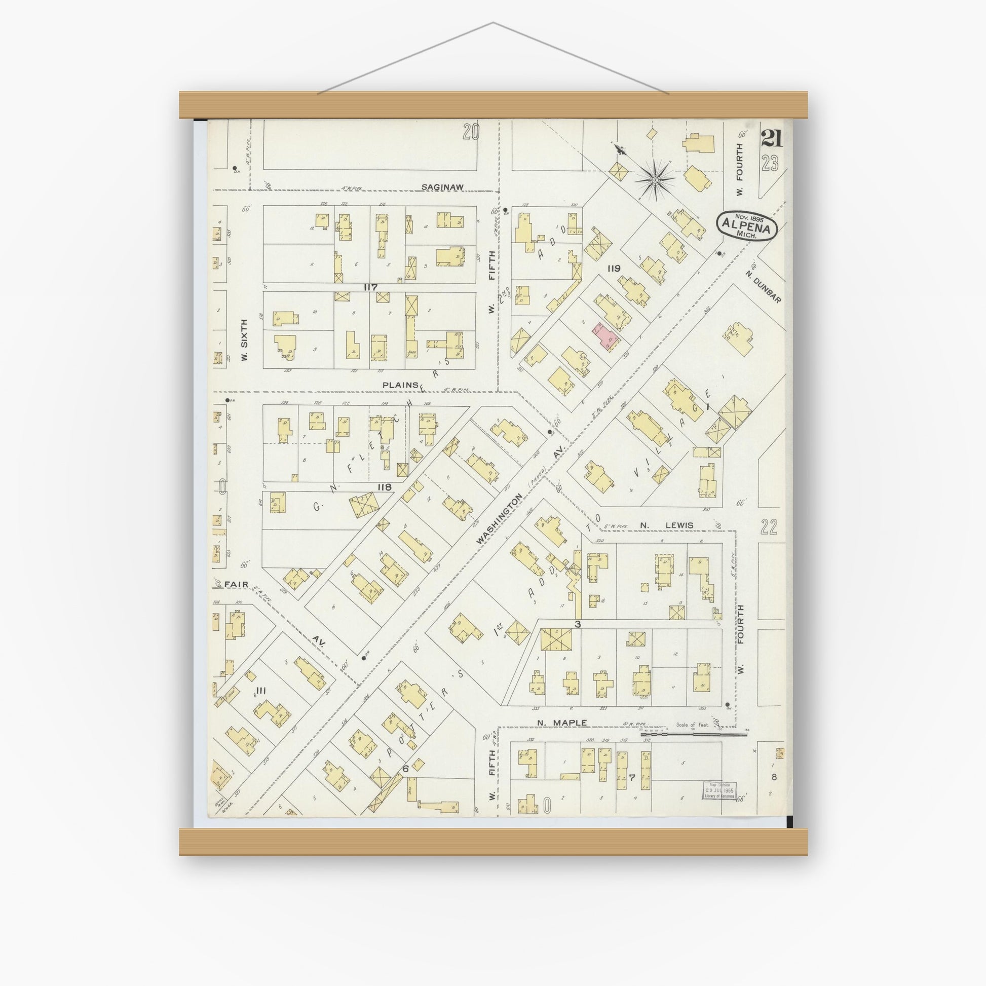 Old map wall art mockup — magnetic wood frame on white wall — Sanborn Fire Insurance Map from Alpena, Alpena County, Michigan (1895), Sheet #0021
