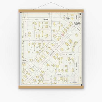 Old map wall art mockup — magnetic wood frame on white wall — Sanborn Fire Insurance Map from Alpena, Alpena County, Michigan (1895), Sheet #0021