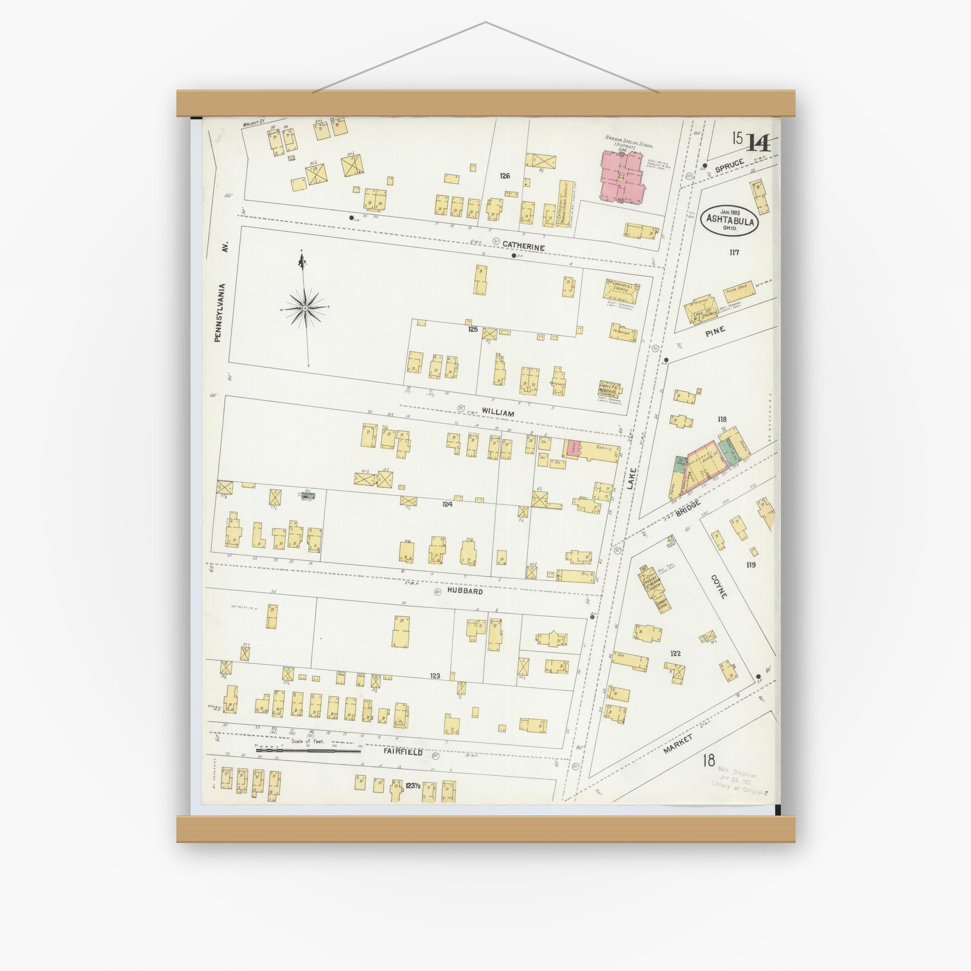 Old map wall art mockup — magnetic wood frame on white wall — Sanborn Fire Insurance Map from Ashtabula, Ashtabula County, Ohio (1903), Sheet #0014