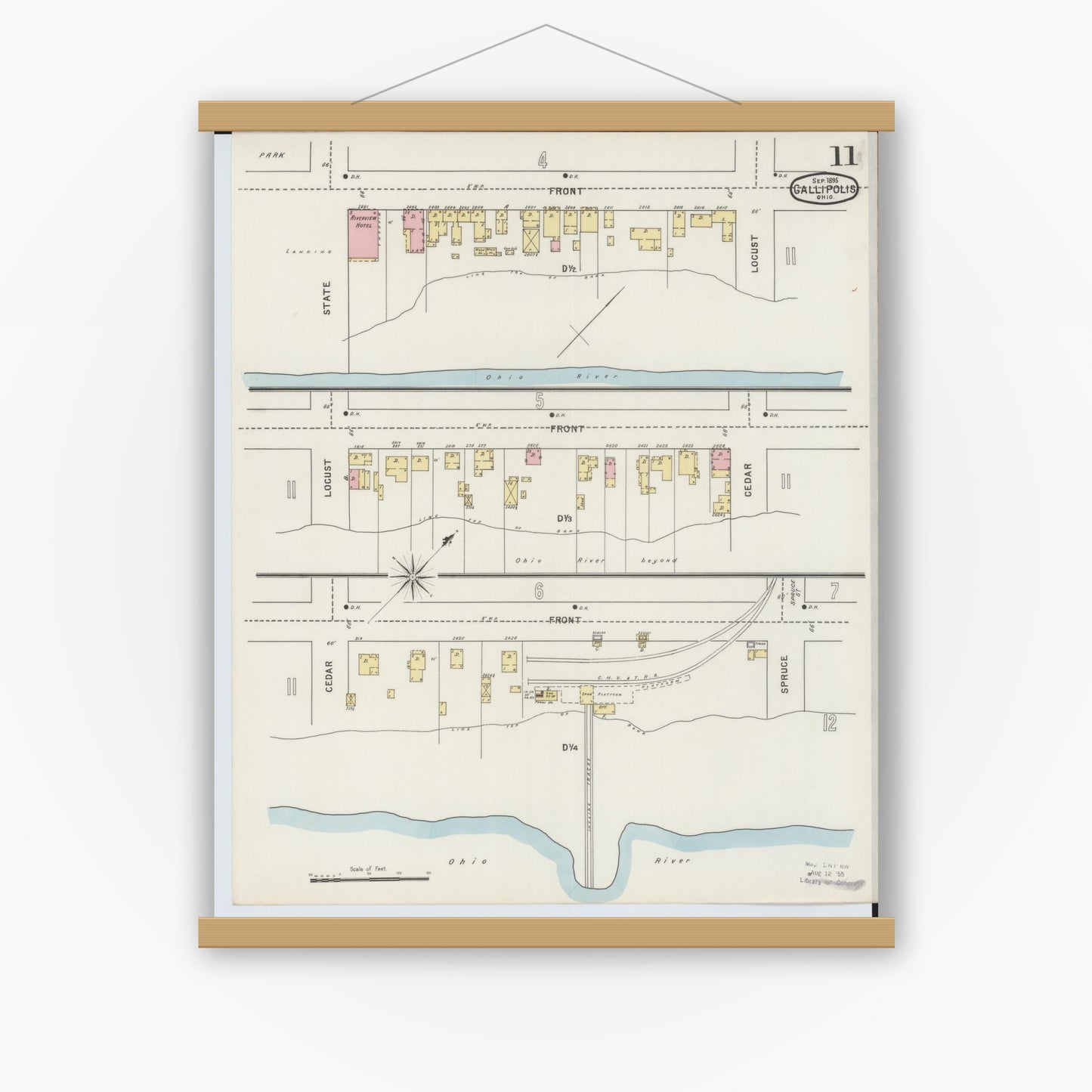 Old map wall art mockup — magnetic wood frame on white wall — Sanborn Fire Insurance Map from Gallipolis, Gallia County, Ohio (1895), Sheet #0011