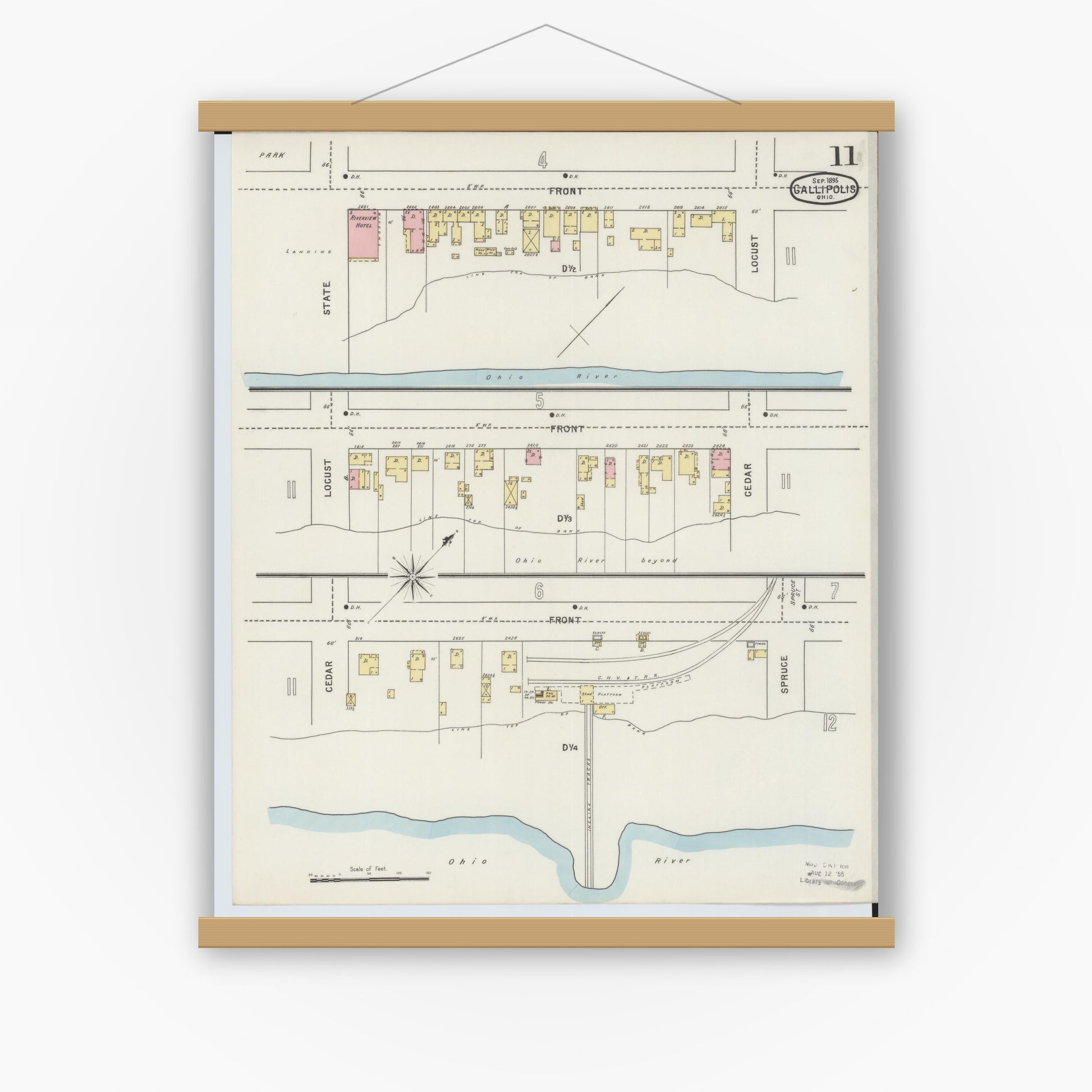 Old map wall art mockup — magnetic wood frame on white wall — Sanborn Fire Insurance Map from Gallipolis, Gallia County, Ohio (1895), Sheet #0011