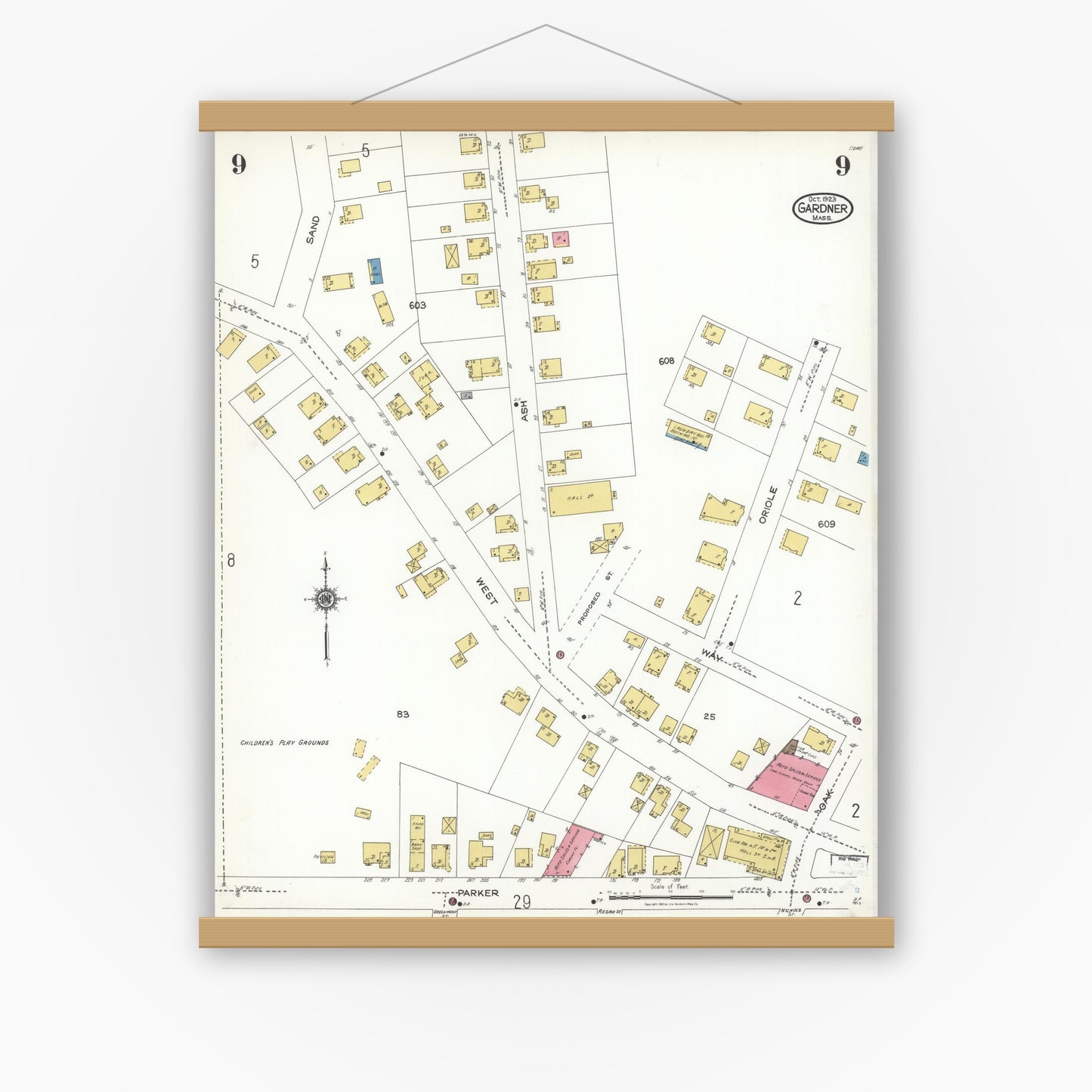 Old map wall art mockup — magnetic wood frame on white wall — Sanborn Fire Insurance Map from Gardner, Worcester County, Massachusetts (1923), Sheet #0009