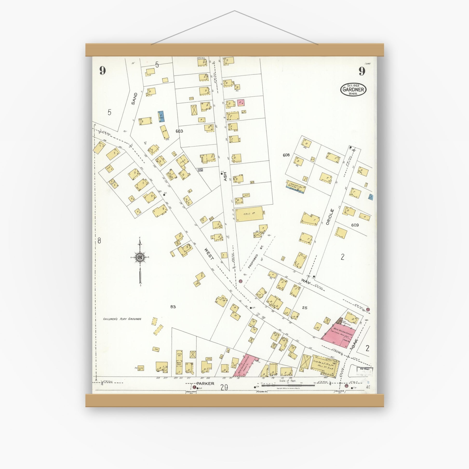 Old map wall art mockup — magnetic wood frame on white wall — Sanborn Fire Insurance Map from Gardner, Worcester County, Massachusetts (1923), Sheet #0009