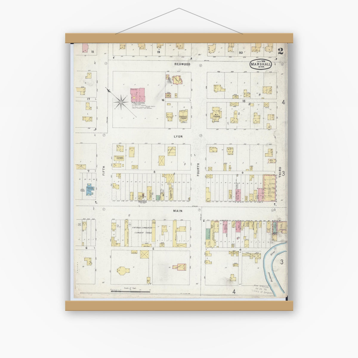 Old map wall art mockup — magnetic wood frame on white wall — Sanborn Fire Insurance Map from Marshall, Lyon County, Minnesota (1896), Sheet #0002