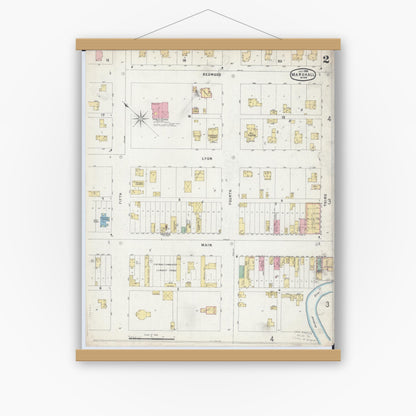 Old map wall art mockup — magnetic wood frame on white wall — Sanborn Fire Insurance Map from Marshall, Lyon County, Minnesota (1896), Sheet #0002