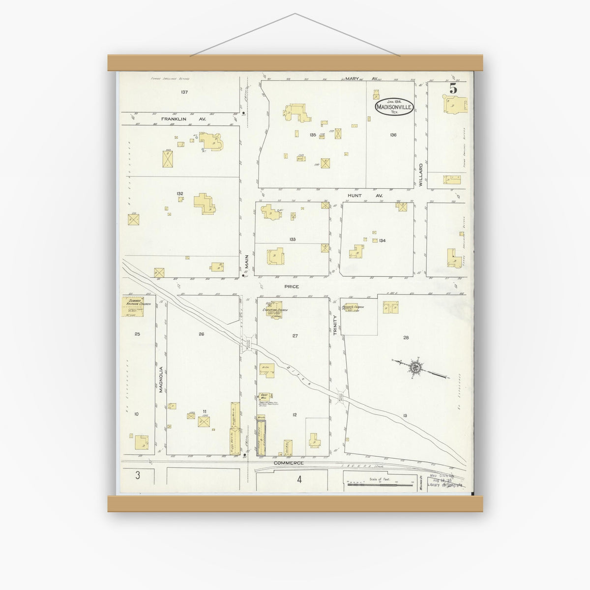 Old map wall art mockup — magnetic wood frame on white wall — Sanborn Fire Insurance Map from Madisonville, Madison County, Texas (1914), Sheet #0005