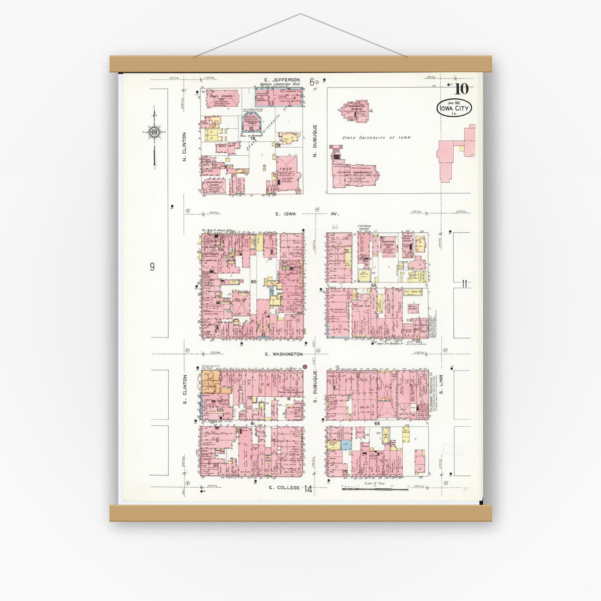 Old map wall art mockup — magnetic wood frame on white wall — Sanborn Fire Insurance Map from Iowa City, Johnson County, Iowa (1912), Sheet #0010