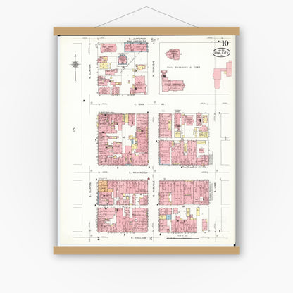 Old map wall art mockup — magnetic wood frame on white wall — Sanborn Fire Insurance Map from Iowa City, Johnson County, Iowa (1912), Sheet #0010