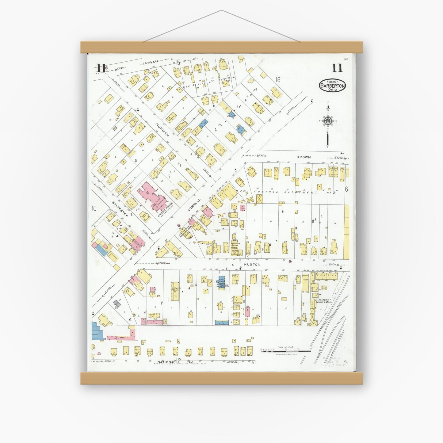 Old map wall art mockup — magnetic wood frame on white wall — Sanborn Fire Insurance Map from Barberton, Summit County, Ohio (1927), Sheet #0011
