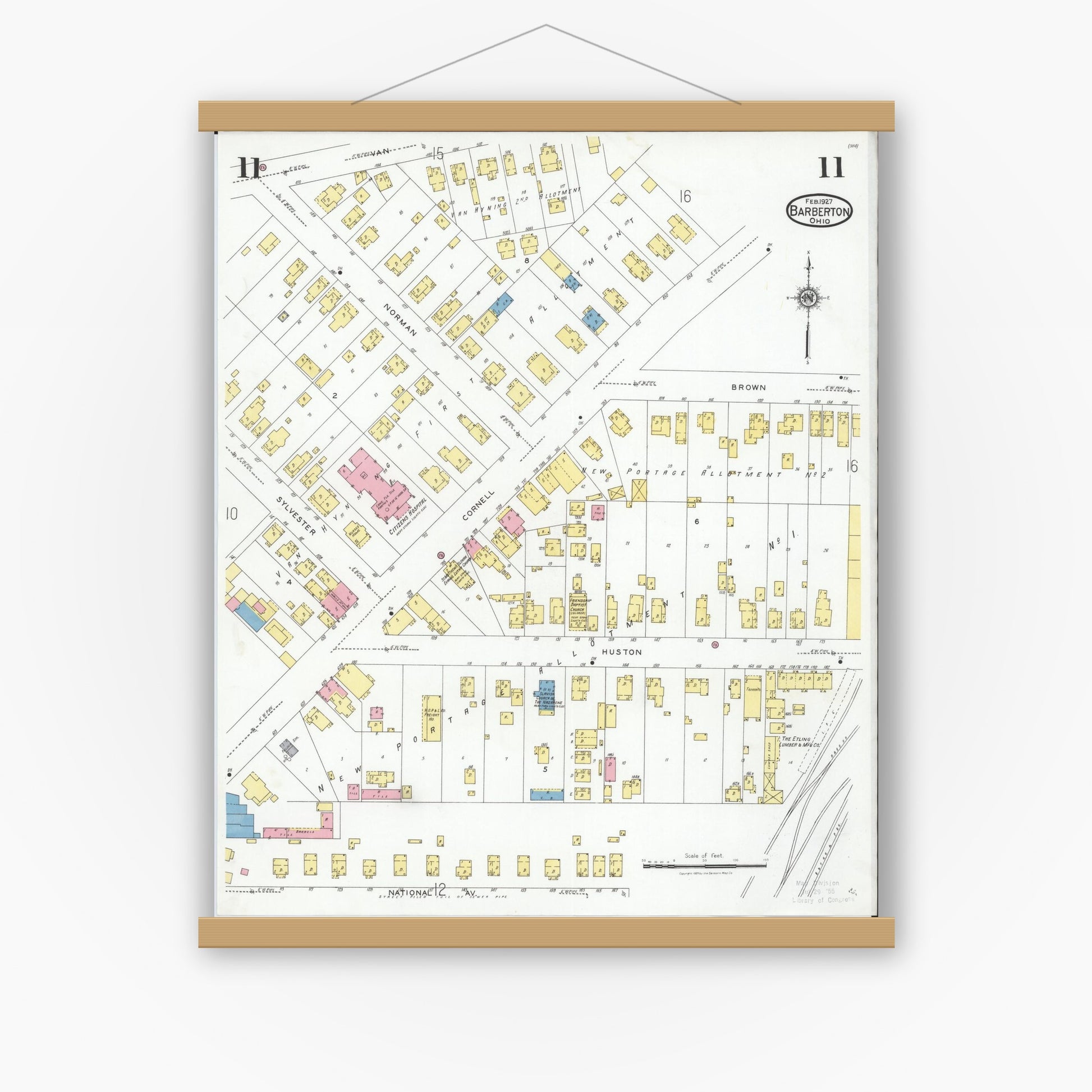 Old map wall art mockup — magnetic wood frame on white wall — Sanborn Fire Insurance Map from Barberton, Summit County, Ohio (1927), Sheet #0011