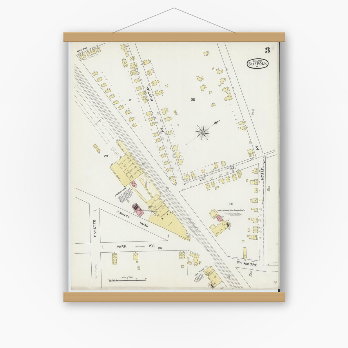 Old map wall art mockup — magnetic wood frame on white wall — Sanborn Fire Insurance Map from Suffolk, Independent Cities, Virginia (1894), Sheet #0003