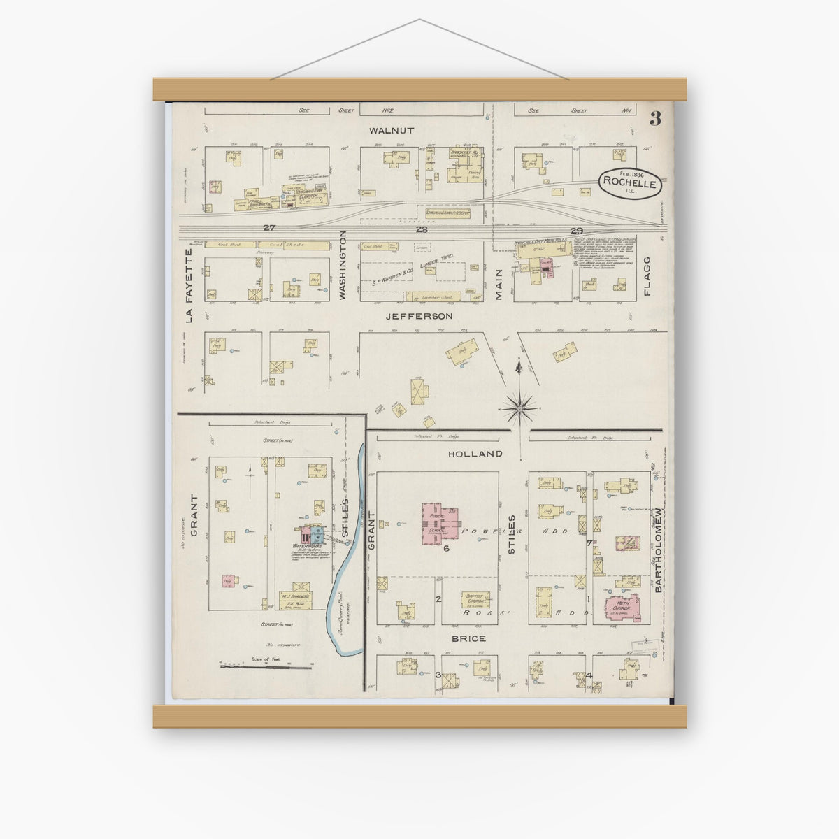 Old map wall art mockup — magnetic wood frame on white wall — Sanborn Fire Insurance Map from Rochelle, Ogle County, Illinois (1886), Sheet #0003